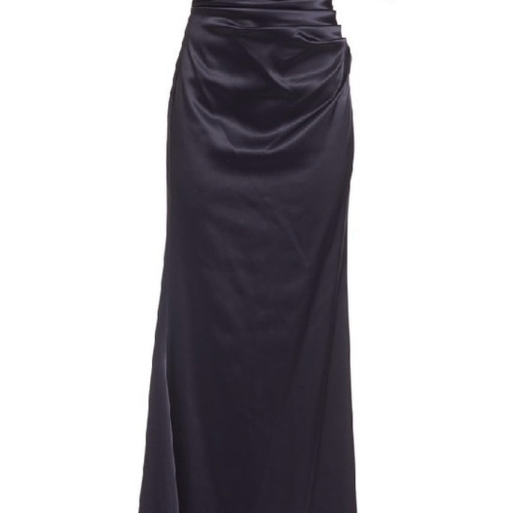 Vince Camuto Navy Lustrous satin ruche shoulder baring gown flare fishtail train - Picture 7 of 13